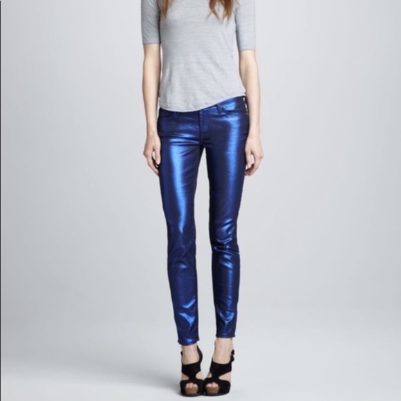 NWOT 7 for all Mankind Electric Blue Liquid Metallic Skinny Jeans size 26 - Picture 4 of 6